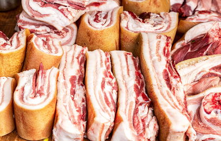 Raw chopped fresh meat ready for sale in local farmers marketの写真素材