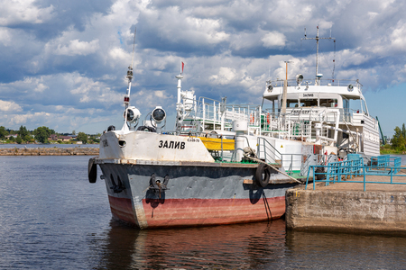Shlisselburg, Russia - August 8, 2018: Ship is at the quay of the river in sunny dayのeditorial素材