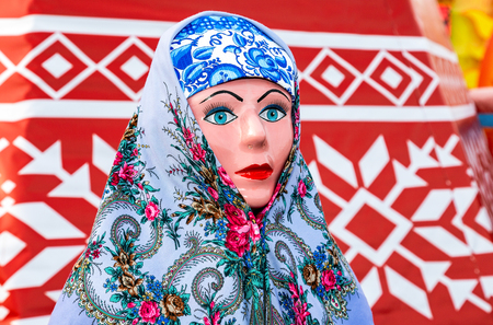 Samara, Russia - February 2, 2018: Shrovetide in Russia. Big doll for the burning as symbol of winter during the Maslenitsa or Pancake Weekのeditorial素材