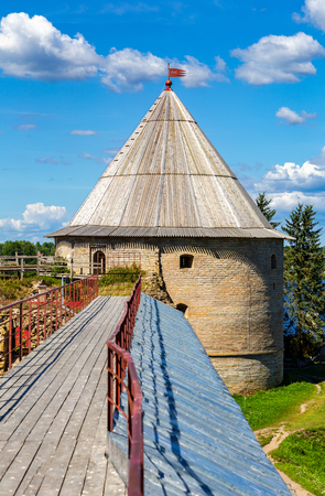 Shlisselburg, Russia - August 8, 2018: Historical fortress Oreshek is an ancient Russian fortress. View of the Royal tower. Shlisselburg Fortress near the St. Petersburg, Russiaのeditorial素材