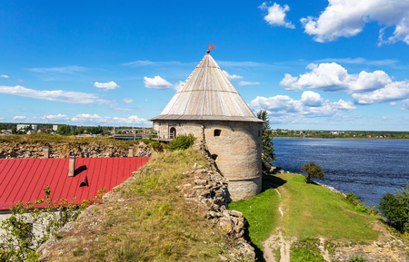 Shlisselburg, Russia - August 8, 2018: Historical fortress Oreshek is an ancient Russian fortress. View of the Royal tower. Shlisselburg Fortress near the St. Petersburg, Russiaのeditorial素材