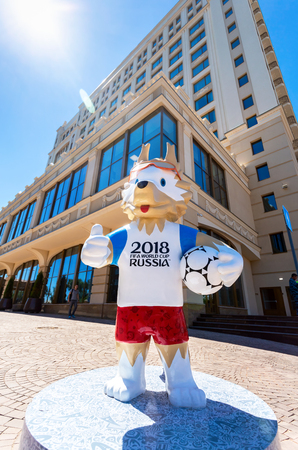 Samara, Russia - June 23, 2018: Wolf Zabivaka, official mascot of FIFA World Cup 2018 near the Lotte Hotel Samara in sunny dayのeditorial素材
