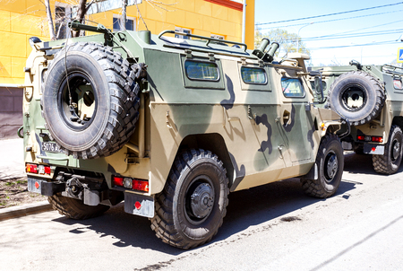 Samara, Russia - May 5, 2018: High-mobility vehicles GAZ-2330 Tigr is a Russian 4x4, multipurpose, all-terrain infantry mobility vehicle in camouflage colorsのeditorial素材