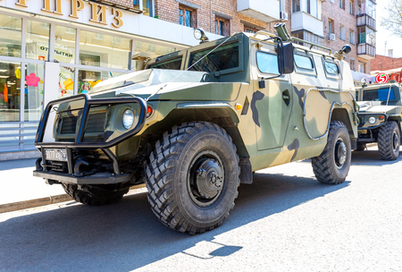 Samara, Russia - May 5, 2018: High-mobility vehicles GAZ-2330 Tigr is a Russian 4x4, multipurpose, all-terrain infantry mobility vehicle in camouflage colorsのeditorial素材
