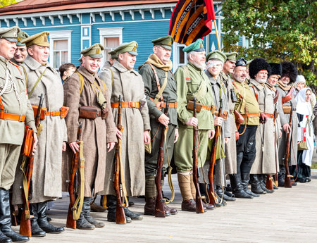 Samara, Russia - October 6, 2018: Unidentified members of historical reenactment battle in the...