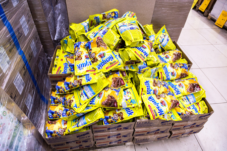 Samara, Russia - March 31, 2019: Packets cacoa Nesquik ready for sale in chain retail discounter Svetoforのeditorial素材