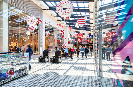 Samara, Russia - April 20, 2019: Interior of shopping mall Ambar. The one of largest and most impressive shopping center in Samaraのeditorial素材