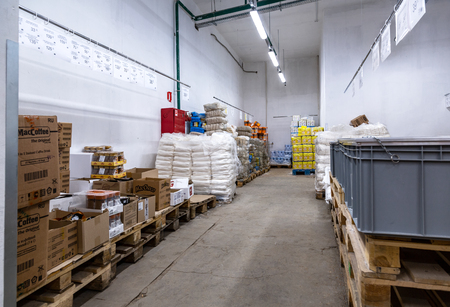 Samara, Russia - April 13, 2019: Interior of the retail family discounter Pobeda. One of retail warehouse store in Russia, selling food, furniture and housewaresのeditorial素材