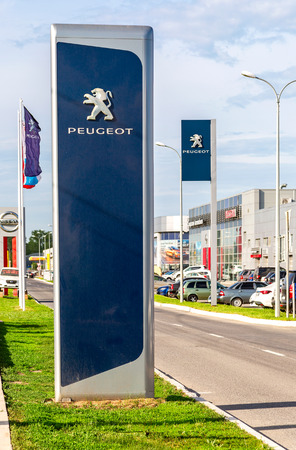 Samara, Russia - May 19, 2018: Official dealership sign of Peugeot company. Peugeot is a French car brand, automotive manufacturerのeditorial素材