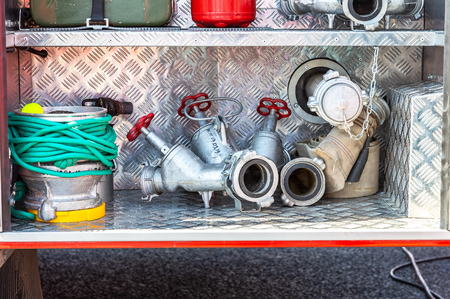 Samara, Russia - May 1, 2019: Fire and rescue equipment in a fire truck. Rescue fire truck equipmentのeditorial素材