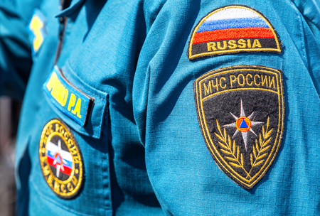 Samara, Russia - May 1, 2019: Chevron on the sleeve military uniforms of the russian emercom officerのeditorial素材