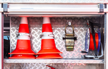 Samara, Russia - May 1, 2019: Fire and rescue equipment in a fire truck. Rescue fire truck equipmentのeditorial素材
