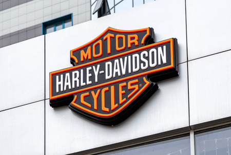Samara, Russia - May 3, 2019: Logo of Harley-Davidson Inc. is an American motorcycle manufacturer. Harley Davidson brand is famous among bikers around the worldのeditorial素材