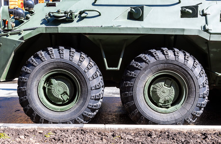 Samara, Russia - May 4, 2019: Close up view of BTR-82 army vehicles wheel with tireのeditorial素材