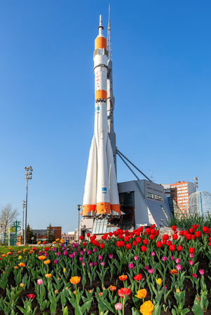 Samara, Russia - May 4, 2019: Real Soyuz type spacecraft as monument and exhibition center of space explorationのeditorial素材