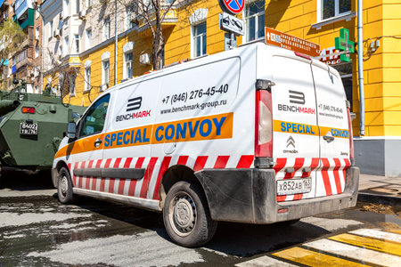 Samara, Russia - May 4, 2019: Special convoy vehicles on city street during the transportation of...