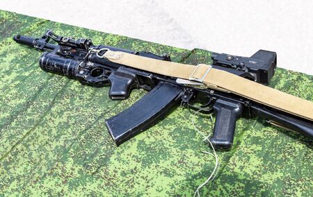 Samara, Russia - May 18, 2019: Kalashnikov ak-47 rifle with under-barrel grenade launcherのeditorial素材