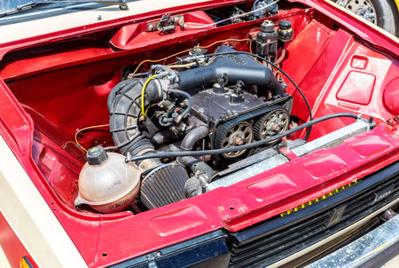 Samara, Russia - May 18, 2019: Tuned turbo car engine of Lada car, under the hood of a vehicle
