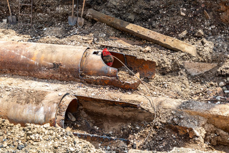 Replacement of heating pipes and modernization of the heating system. Repair of old rusty metal pipes. Construction works on large iron pipes at a depth of excavated trenchの写真素材
