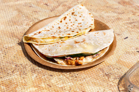 Delicious appetizing fried pancakes with meat filling closeup