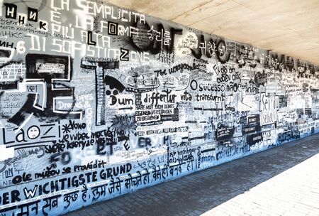 Samara, Russia - June 8, 2019: Street art graffiti on textured wall. Abstract creative drawing on walls of city. Urban contemporary cultureのeditorial素材