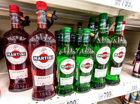 Samara, Russia - June 22, 2019: Bottled alcoholic beverages martini ready for sale on the shelves in supermarketのeditorial素材