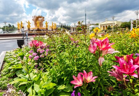 Moscow, Russia - July 8, 2019: Fountain "Friendship of peoples" on the territory of the All-Russian exhibition center (VDNKH)のeditorial素材