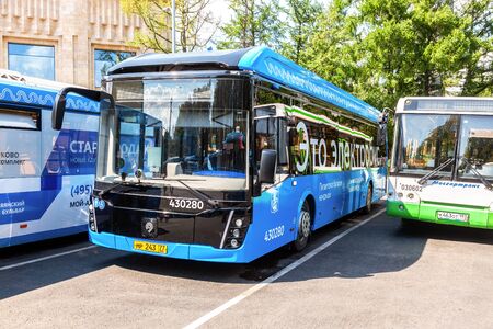 Moscow, Russia - July 8, 2019: Public urban transport. Modern electric bus at the city street in Moscowのeditorial素材