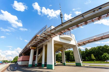 Moscow, Russia - July 8, 2019: Teletsentr station of the Moscow monorail road with a view on Ostankino Tower on the backgroundのeditorial素材