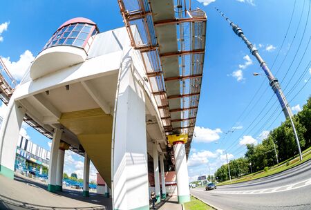 Moscow, Russia - July 8, 2019: Teletsentr station of the Moscow monorail road with a view on Ostankino Tower on the backgroundのeditorial素材