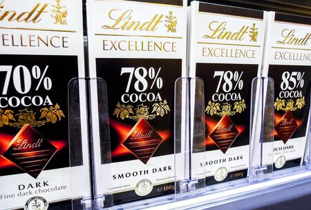 Samara, Russia - September 26, 2019: Various fresh Lindt chocolate ready for sale on the shelves in supermarketのeditorial素材