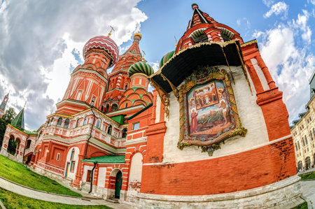 Traditional Russian architecture. Saint Basil's (Pokrovsky) Cathedral on Red Square in Moscow,...