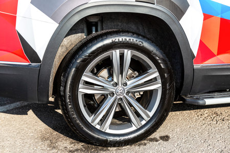 Samara, Russia - October 26, 2019: Modern Volkswagen car wheel of light alloy disc with tire Kumho
