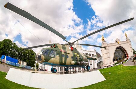 Moscow, Russia - July 8, 2019: Russian Air Force Mi-8 helicopter in camouflage painting at the All-Russian exhibition center (VDNKH)のeditorial素材