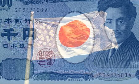 Flag of Japan and Japanese currency 1000 yen banknoteの写真素材
