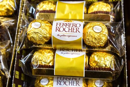 Samara, Russia - September 26, 2019: Ferrero Rocher chocolate on store shelfのeditorial素材