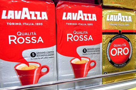 Samara, Russia - November 30, 2019: Lavazza coffee on the shelf at the grocery storeのeditorial素材