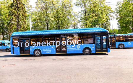 Moscow, Russia - July 8, 2019: Modern public urban transport. New electric bus at the city street in Moscowのeditorial素材