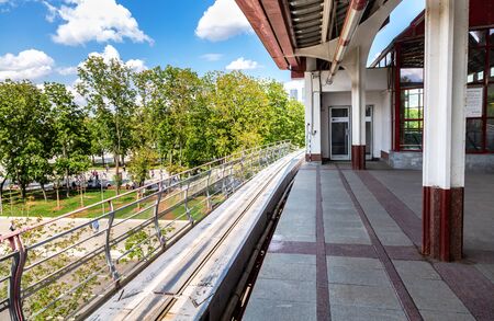 Moscow, Russia - July 8, 2019: Moscow public urban transport. Exhibition Center station of the Moscow monorail roadのeditorial素材