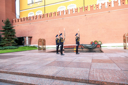 Moscow, Russia - July 9, 2019: Changing of the Guard of Honor at the Eternal Flame near the Tomb of...