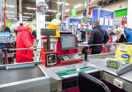 Samara, Russia - December 21, 2019: View of cash desk in a chain hypermarket Karusel