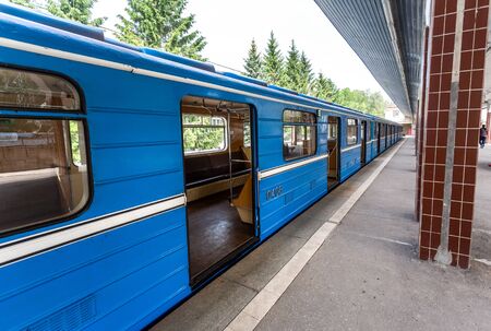 Samara, Russia - May 26, 2019: Blue subway train stand at the end station Yungorodokのeditorial素材