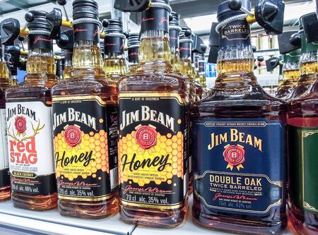 Samara, Russia - January 12, 2020: Jim Beam Whiskey ready for sale on the shelf in superstoreのeditorial素材