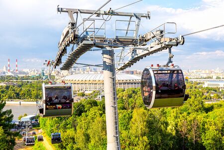 Moscow, Russia - July 8, 2019: Cableway in Moscow. View from the cable car. Moscow public urban transportのeditorial素材