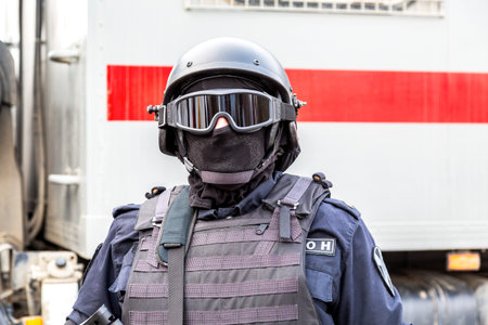 Samara, Russia - February 23, 2020: Special Forces soldier of Rosgvardia in uniform with helmet....