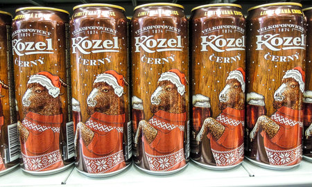 Samara, Russia - March 7, 2020: Velkopopovizky Kozel alcoholic beer ready for sale on the shelf in...