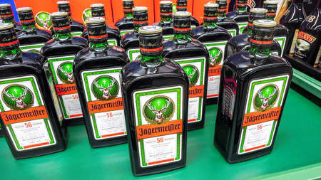 Samara, Russia - March 8, 2020: Jagermeister is a strong alcoholic beverage for sale in superstore. Jagermeister made with 56 herbs and spicesのeditorial素材