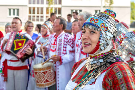 Samara, Russia - September 17, 2017: Unidentified woman in the Chuvash national clothes and headdress during the folklor festivalのeditorial素材