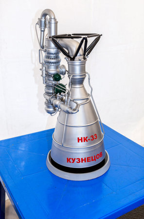 Samara, Russia - November 4, 2017: Mockup of space rocket engine NK-33 by the Corporation Kuznetsov...