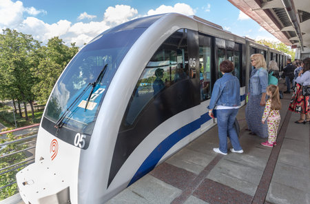 Moscow, Russia - July 8, 2019: Moscow public urban transport. Train arrives on the station of the...